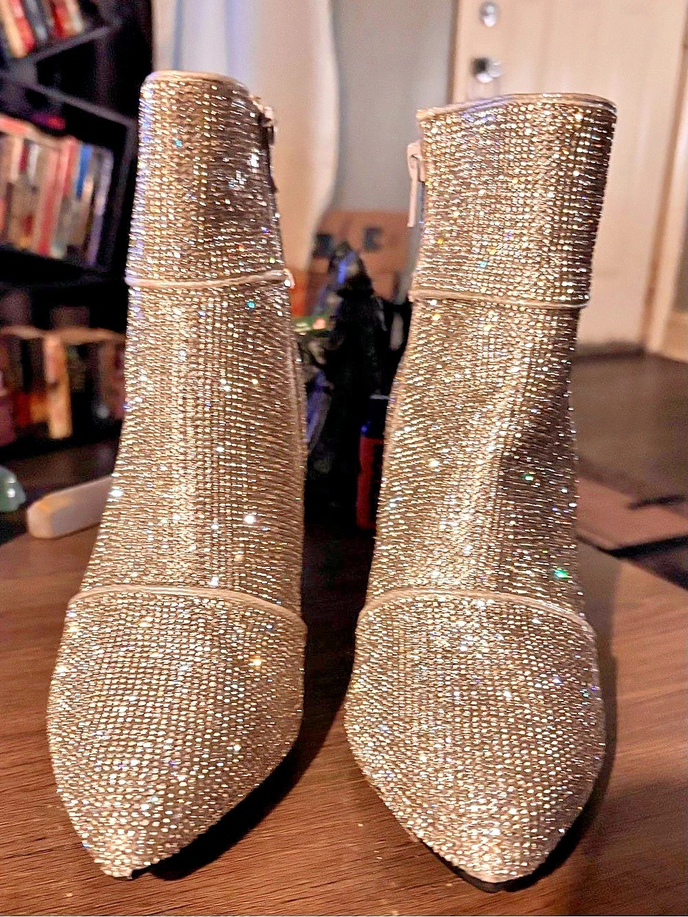 Rhinestone Pointed-Toe Heeled Boots in Gold Like New